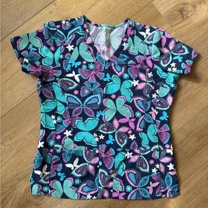 Colorful Butterfly Print Scrub Top
